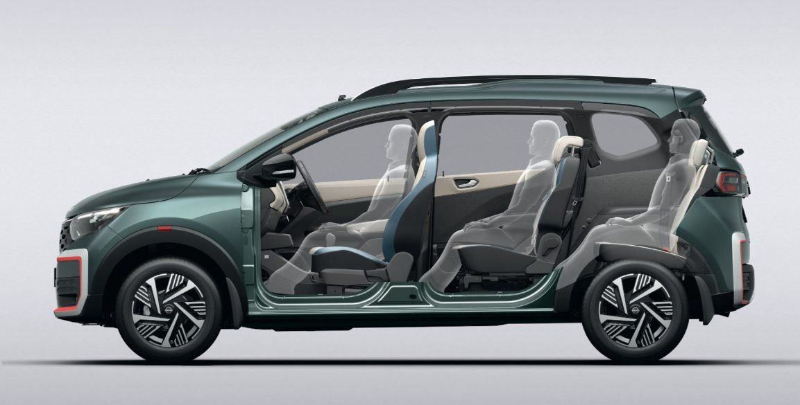 Green MPV with sliding doors open, showing five seats and interior layout.
