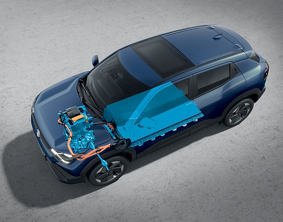 Maruti Suzuki e Vitara, Cutaway view of the e-Axle electric motor at the front and the floor-mounted battery pack powering the drivetrain.