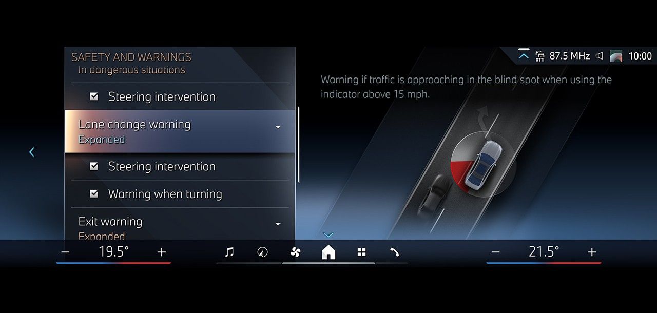 BMW i5 LWB — Driving Assistant Plus with lane-change and blind-spot warnings plus steering intervention.