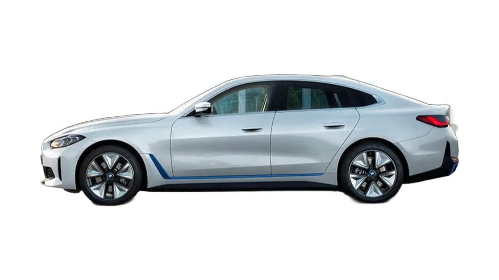 Silver BMW i4 electric sedan shown in profile view against white background.