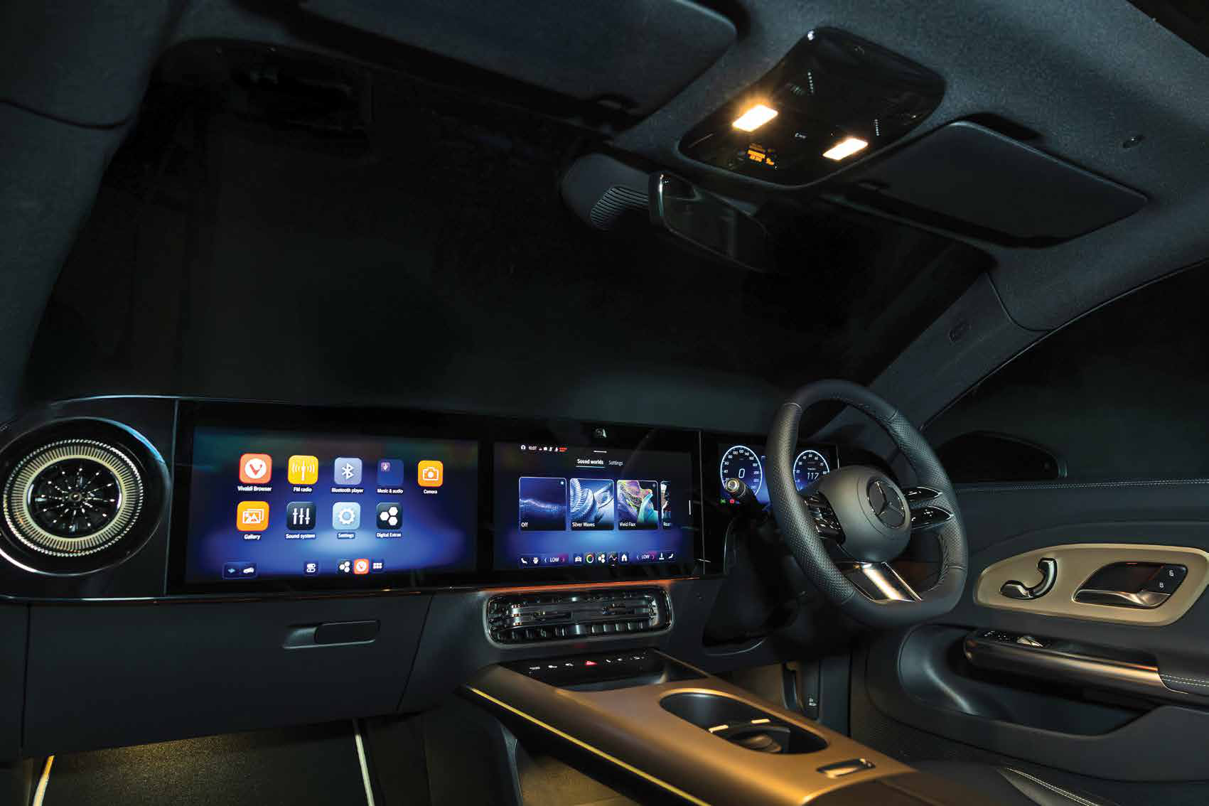 Mercedes-Benz CLA Electric — Twin MBUX displays with configurable sound worlds and audio settings.