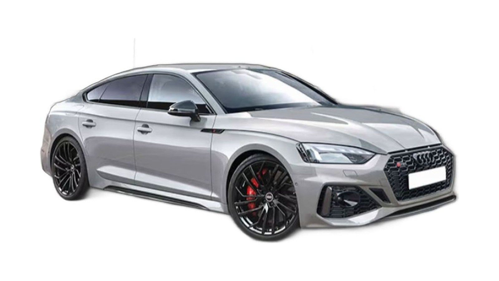 Silver four-door sedan with dark wheels and aggressive front grille, side view.