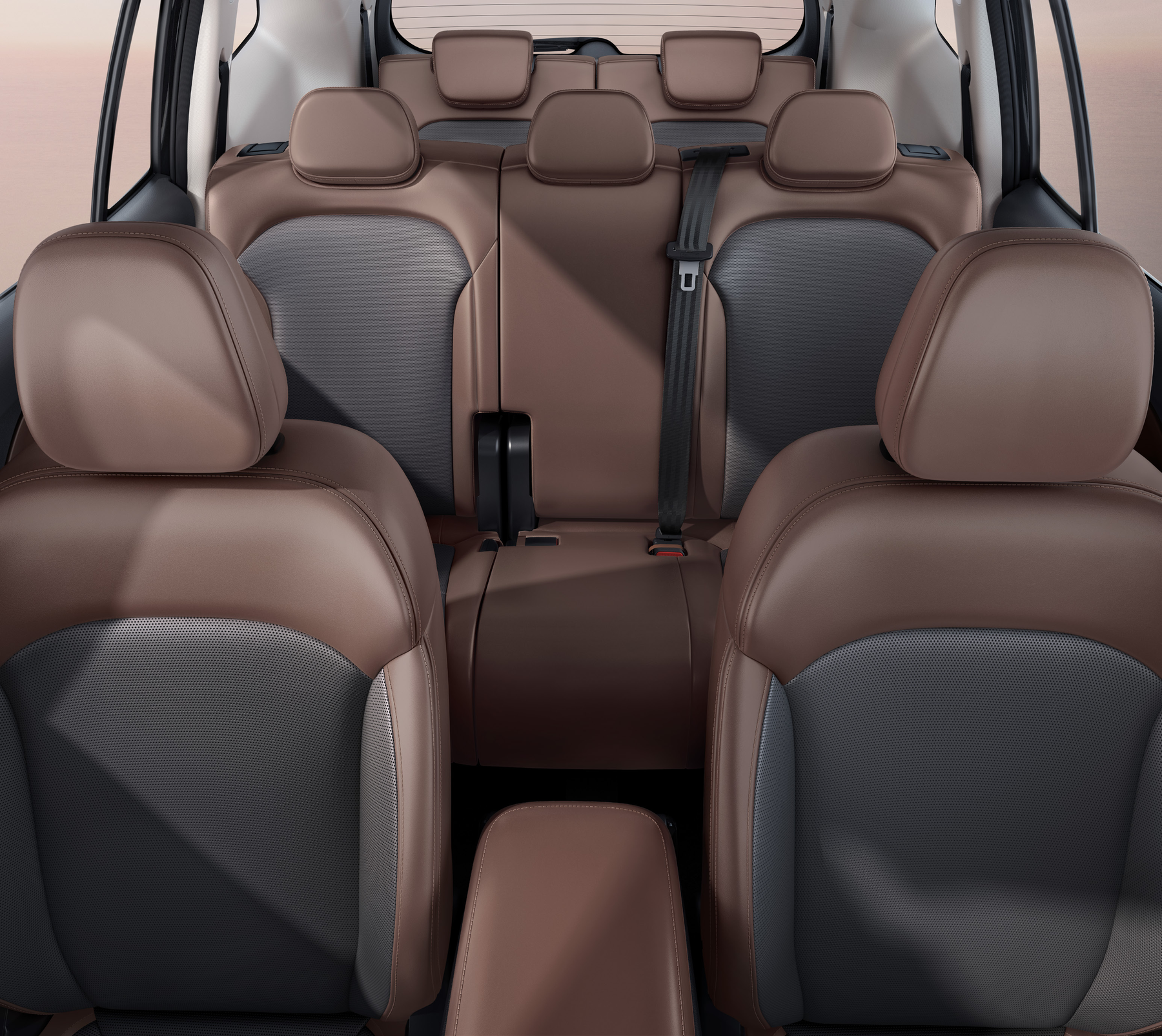 VinFast VF MPV 7 — Second-row bench in brown leatherette with 60:40 split and reclining backrests