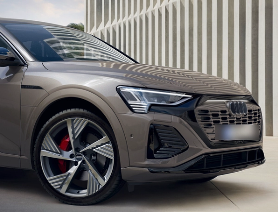 Audi Q8 e-tron, Aerodynamic Audi Sport alloy wheel with red brake calipers, framed by the sculpted front bumper.