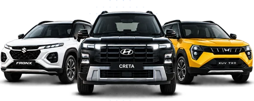 Three cars seen head on — Maruti Suzuki Fronx, Hyundai Creta and Mahindra XUV 3XO